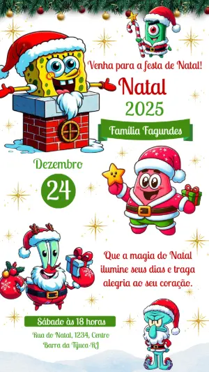 Convite de Natal Bob Esponja Infantil para Editar Online
