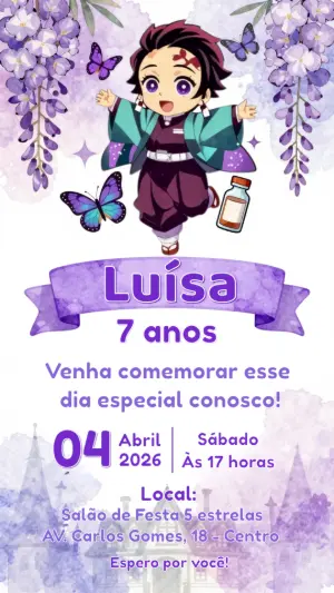Convite de Aniversário Demon Slayer Lilás para Editar Online