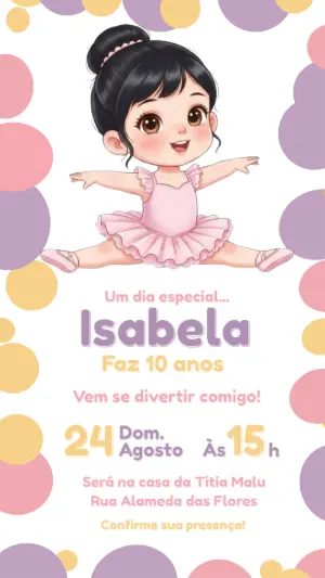 Convite de Aniversário Bailarina Delicado para Editar