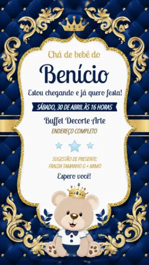 Convite Chá de Bebê Ursinho Realeza Azul e Dourado para Editar