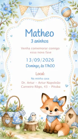 Convite de Aniversário Raposinha no Bosque Editável para Menino
