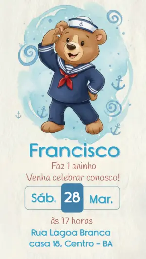 Convite de Aniversário Ursinho Marinheiro Aquarela Editável