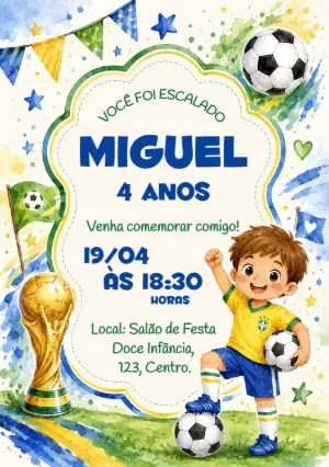 Convite Aniversário Futebol Brasil Aquarela Modelo Editável