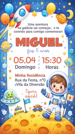 Convite Digital Astronauta Menino para Aniversário Editável