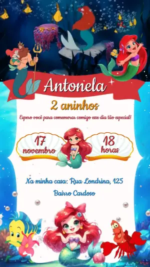 Convite Animado Aniversário Sereia Ariel para Editar Online
