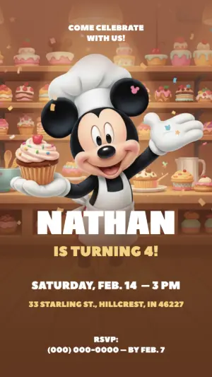 Editable Mickey Mouse Baker Birthday Party Invitation