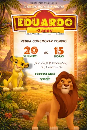 Convite Digital Infantil Tema Rei Leão para Editar e Enviar