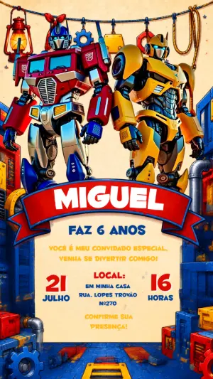 Convite de Aniversário Transformers Robôs para Editar Online
