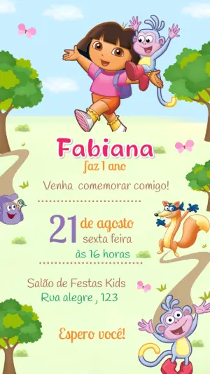 Convite de Aniversário Dora Aventureira para Editar Online