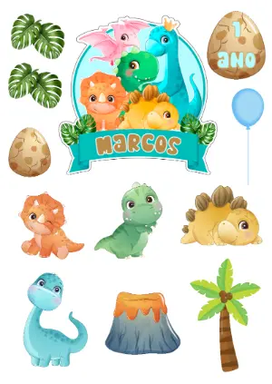 Topo de Bolo Dinossauro Baby para Editar e Imprimir