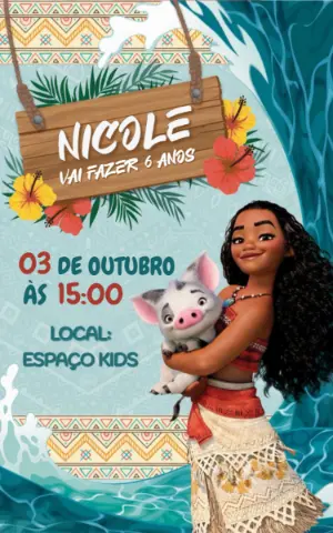 Convite de Aniversário Moana Tropical para Editar Online