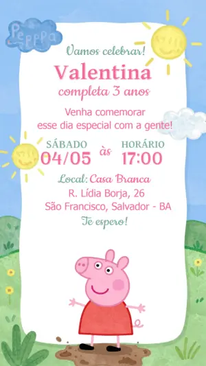 Convite de Aniversário Peppa Pig Infantil para Editar