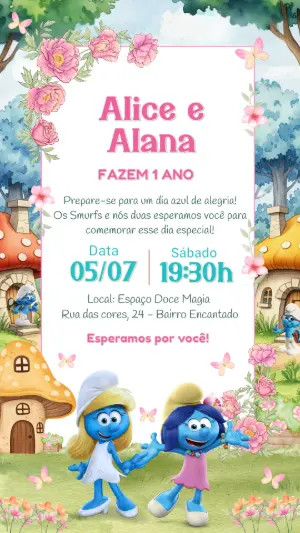 Convite Aniversário Duplo Smurfs Meninas para Editar
