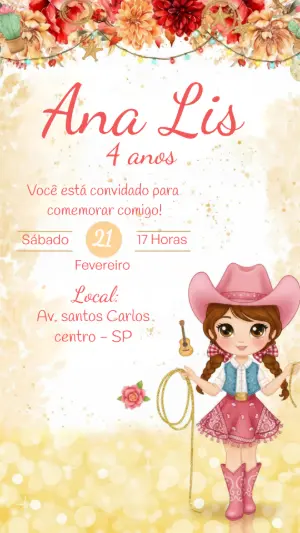 Convite de Aniversário Cowgirl Rosa Infantil para Editar