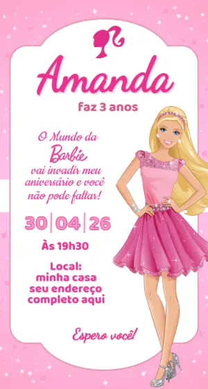 Convite de Aniversário Barbie Rosa para Editar e Enviar