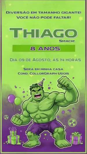Convite de Aniversário Infantil do Hulk Modelo Digital Editável