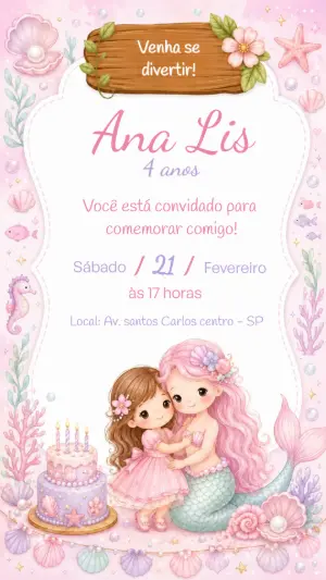 Convite de Aniversário Sereia Fofa em Aquarela para Editar