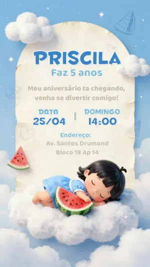Convite de Aniversário Melancia no Céu Fofo para Editar