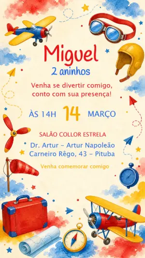 Convite de Aniversário Aviador Aquarela para Editar