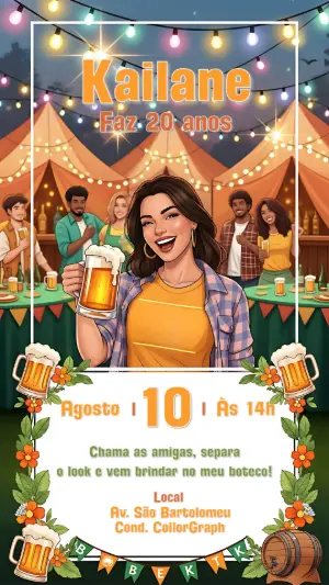 Convite de Aniversário Boteco Ilustrado para Editar Online