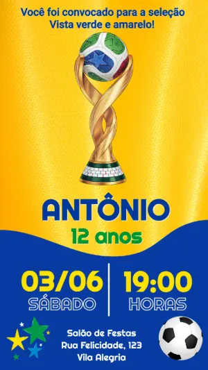 Convite de Aniversário Futebol Brasil Editável Verde e Amarelo