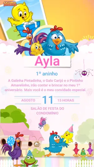Convite Animado de Aniversário Galinha Pintadinha para Editar
