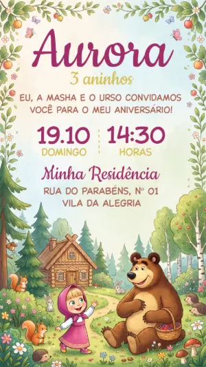 Convite Infantil Masha e o Urso Editável para Aniversário