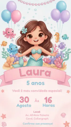 Convite Digital Sereia Infantil com Fundo do Mar Editável