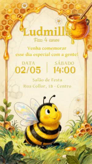 Convite de Aniversário Abelhinha Fofa para Editar Online