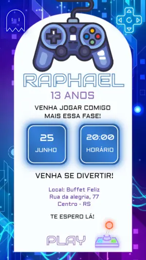 Convite de Aniversário Gamer Neon para Editar Online