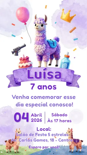 Convite de Aniversário Lhama Gamer Roxo para Editar