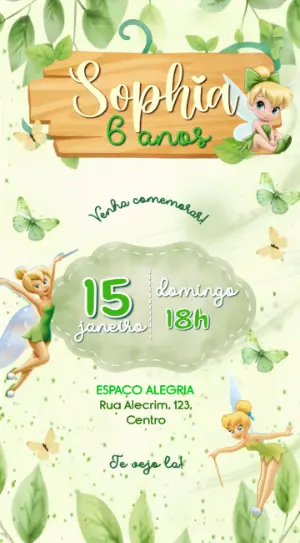 Convite Aniversário Infantil Sininho Floresta Mágica Editável