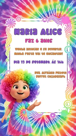 Convite de Aniversário Tie-Dye Arco-Íris para Editar Online