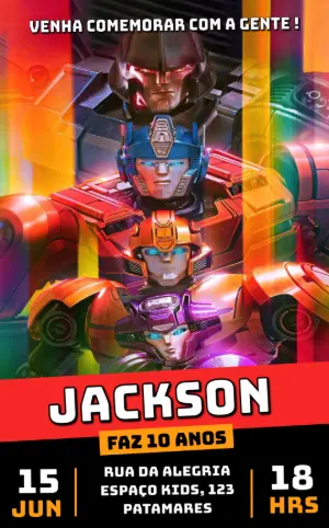 Convite Aniversário Transformers One com Personagens para Editar