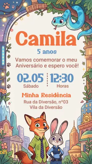 Convite de Aniversário Zootopia Editável para Imprimir ou Enviar