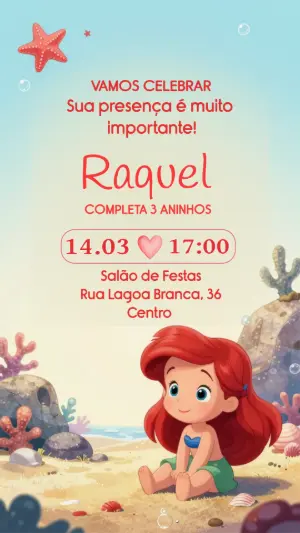 Convite de Aniversário Pequena Sereia Fofo para Editar