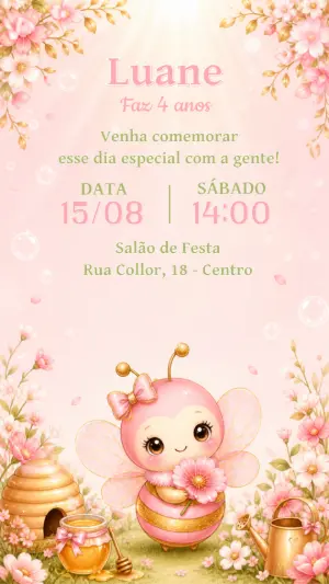 Convite Aniversário Abelhinha Rosa Editável para Menina