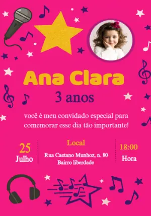 Convite Aniversário Pop Star com Foto para Editar Online