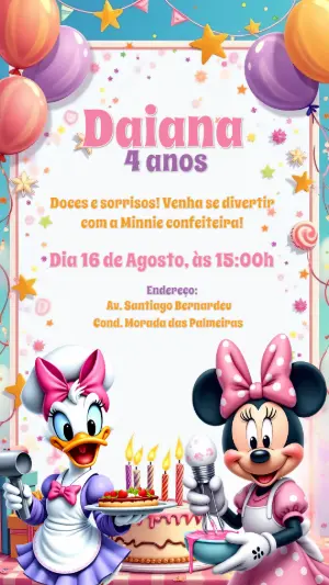 Convite Aniversário Minnie Confeiteira para Editar Online