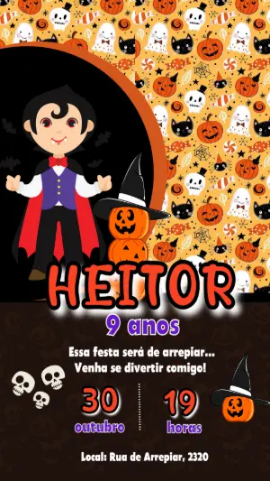 Convite Aniversário Halloween com Vampiro para Editar Online