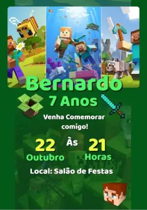 Convite de Aniversário Minecraft com Personagens para Editar Online