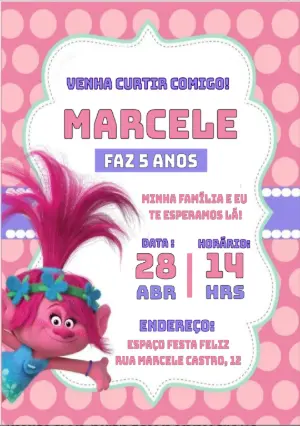 Convite de Aniversário Trolls com a Poppy para Editar Online