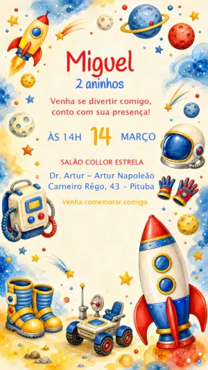 Convite de Aniversário Astronauta Aquarela Infantil Editável
