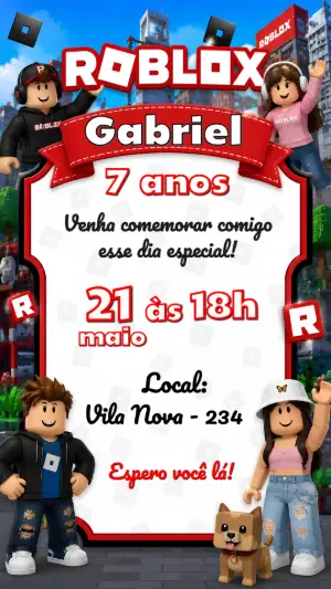 Convite de Aniversário Roblox Infantil para Editar