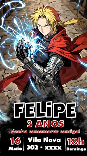 Convite de Aniversário Edward Elric Fullmetal Alchemist Editável