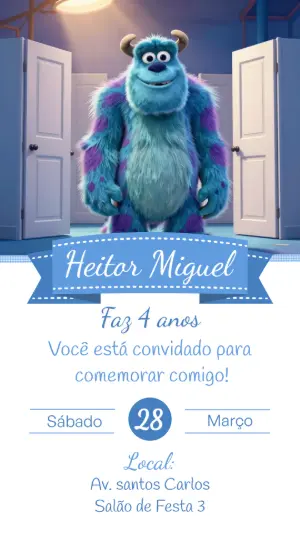Convite Digital Infantil Monstros S.A. Modelo Editável