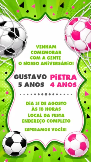 Convite Duplo Futebol Menino e Menina para Editar