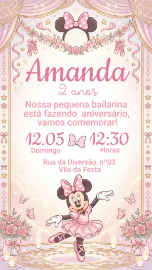 Convite Minnie Bailarina Rosa para Aniversário | Modelo Editável