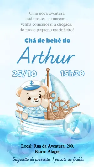 Convite Chá de Bebê Ursinho Marinheiro Aquarela para Editar