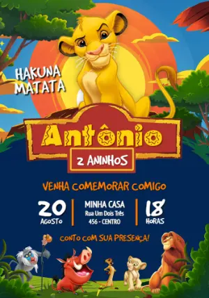 Convite de Aniversário Rei Leão Editável com Simba